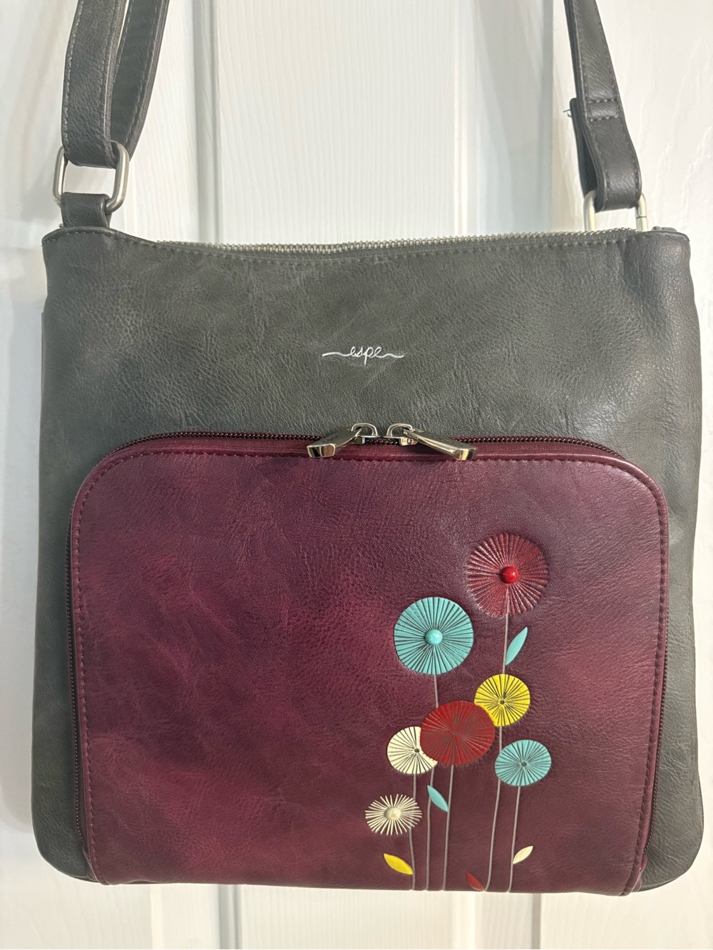 Espe Two-Tone Gray and Burgundy Floral Appliqué Vegan Leather Crossbody Bag